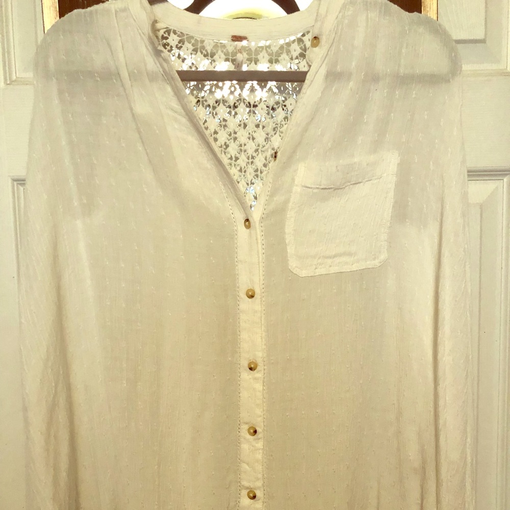 White button down blouse with crochet detailing